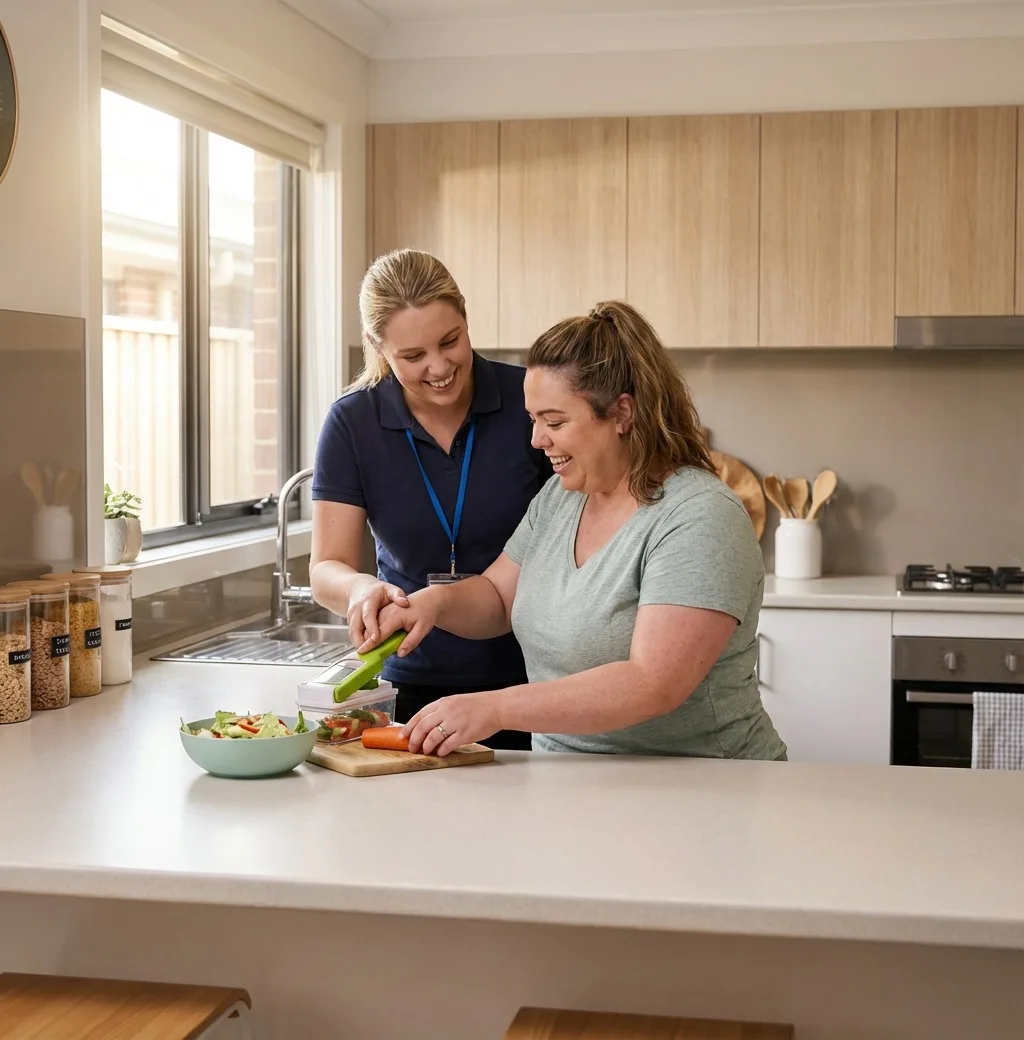 Participant developing life skills with support from Delight Care staff in a comfortable short term disability accommodation on the Gold Coast