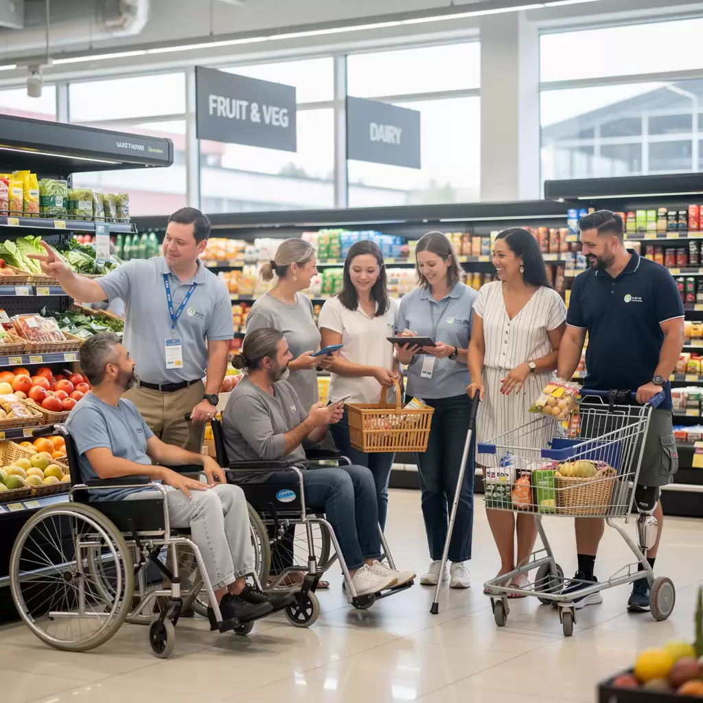 NDIS participant enjoying community access support while grocery shopping on the Gold Coast with a Delight Care support worker